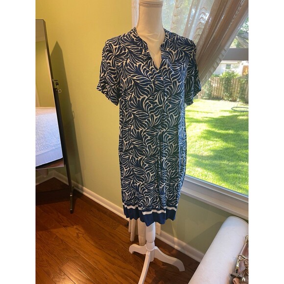 H & M Womens Midi Dress Small Short Sleeves V Neck Beachy Coastal Blue White - Picture 2 of 9